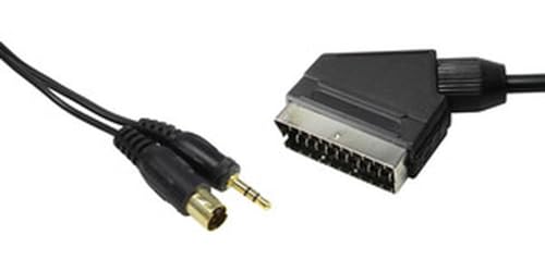 Levitantes Adaptador Mini-Din 4P + Jack + Euro para conexión de PC a TV/VIDEO, ideal para transferir audio y video.