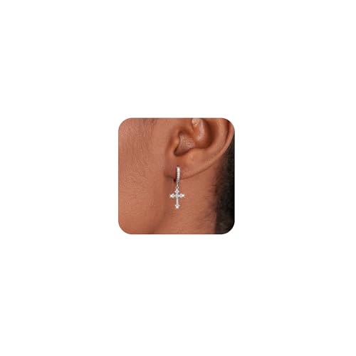 Relveo Silver Earrings for Women - Silver Cross Dangle Earrings - 14K Silver Plated Huggie Hoop Earrings-Dainty Trendy Earrings - Simple Jewelry Gifts