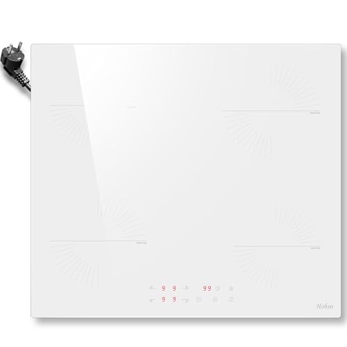 Hobsir Piano Cottura Induzione Bianco 4 Fuochi con Spina, Piastra Induzione da Incasso 60CM, Vetroceramica Bianca, Comandi Touch, 9 Livelli di Potenza, Timer e Sicurezza Bambini, 220V, 3500 W