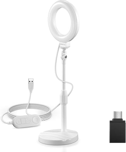 NEEWER Básico 13cm Aro de Luz Escritorio con Soporte, 10W Foco LED Selfies con Base Móvil Compatible con iPhone para Fotografía Laptop Webcam Zoom Videoconferencia Iluminación Maquillaje, Blanco BR60