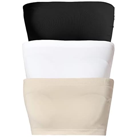 TheMogan Seamless Bandeau Bra Top Strapless Nylon/Span Stretch Bralette, Black/Taupe/White, One Size Plus Cover