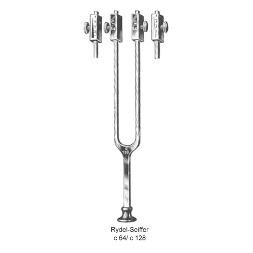 Stimmgabel Rydel-Seiffer, abnehmbare Dämpfer c128/64 Hz, Skalen eingraviert