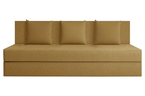 Image of Rosebell Lightweight Easy 3-Person Sofa Cum Bed Jute Fabric- Washable Cover- Including Cushion - Size 5' X 6' Ft | Color - Golden | Perfect for Home & Office