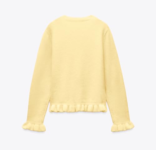 Cioatin Women Y2K Ruffle Knit Open Front Button Down Sweater Cardigan Long Sleeve Crewneck Lightweight Pullover Fall Outfits2