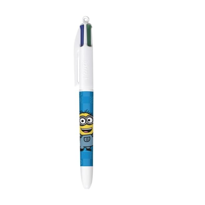 BIC - 1 Stylo 4 Couleurs Classiques (Noir, Bleu, Vert et Rouge) - Décor Minions Bleu - Pointe Moyenne : 1 mm