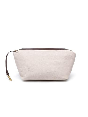 Bolsa tote de lienzo con monedero a juego, ribete de cuero marrón, diseño en V, beige miniatura 7