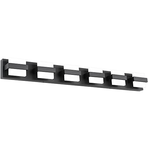 Image of SOLFART 6 Lights Black Vanity Light LED Bathroom Modern Vanity Lights Over Mirror Black Bathroom Light Fixtures 41 inch White Light Dimmable