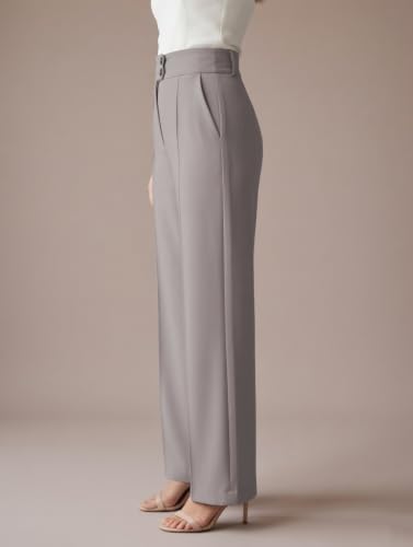 Image of GRECIILOOKS Korean Style Trousers | High Waist Wide Leg Formal Pants | Ankle Length Stretchable Office Wear | Button Closure Straight Fit | Regular Fit Pants for Women