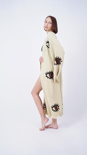Handmade Brown Evil Eye Boho Festival Kimono Beachwear Cover Up Robe Spa Robe, Beige4