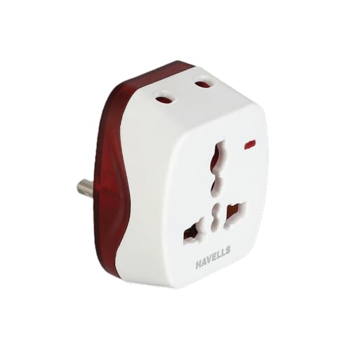Image of Havells Heavy Duty Nickel Plated Brass Rated with 6A, 240 V AC 2 Pin Universal Adaptor LED Indicator, Flame Retardant and UV Stabilized for Safety Assurance from Catching Fire