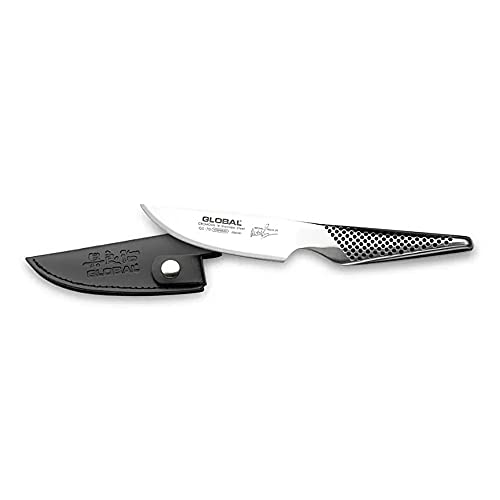 Global Michel Roux Jnr Selection 11cm All-Purpose Knife, CROMOVA 18 Stainless Steel, with Leather Sheath, Silver, GS-70/SH