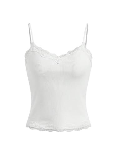 Image of SOLY HUX Girl's Lace Trim Camisoles Ribbed Spaghetti Strap Crop Tank Tops | Sleeveless, Teen Girl Top, Summer Top