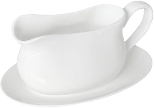 Qlans 17oz Gravy Boat with Saucer Stand, Set of 1, Ceramic Sauce Boat with Tray for Salad Dressings,ketchup, Creamer, Broth, Black Pepper, White
