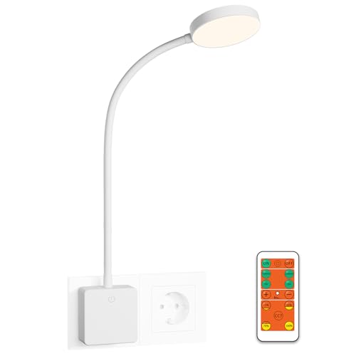 ENUOTEK LED Wandleuchte Leselampe Wand Bett Lampe Weiß mit Stecker und Fernbedienung, Helligkeit Dimmbar, 3er Beleuchtungsfarbe Einstellbar 5000K- 4000K- 3000K, Timer Automatisch Aus