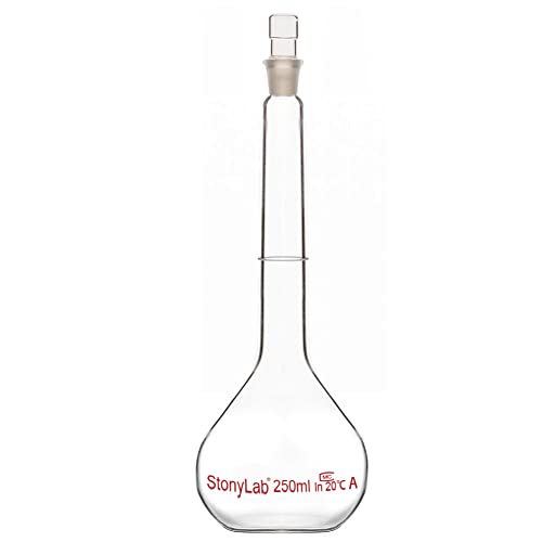 stonylab Frascos Volumétricos de Laboratorio, Matraz Aforado Clase A con Tapón de Vidrio, Matraz Aforado de Pared Pesada de Vidrio de Borosilicato Tolerancia, ±0,15ml, 250ml Cover