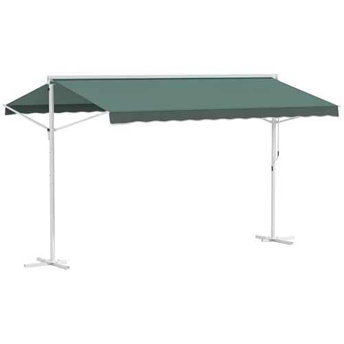 Outsunny Store Double Pente 4 x 3 m Manuel rétractable Inclinaison réglable métal Polyester imperméabilisé Vert foncé