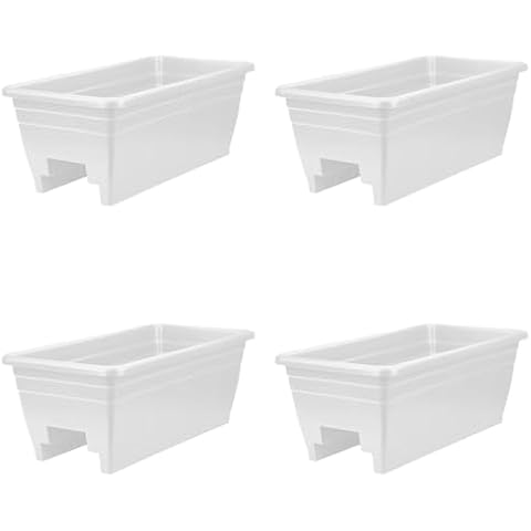 The HC Companies 24 Inch Wide Heavy Duty Plastic Deck Rail Mounted Garden Flower Planter Boxes with Removable Drainage Plugs, White (4 Pack) Cover