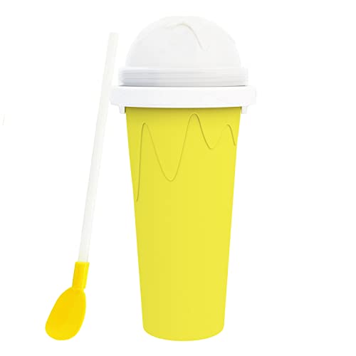 LATIBELL Slushie Cup Slushy Ice Maker Cup Travel Portable Double Layer Silica Cup Pinch Cup Summer Cooler Smoothie Silicon Cup Pinch into Ice Children's Adult Slushy Ice Cup (Yellowï¼Œ500ml)