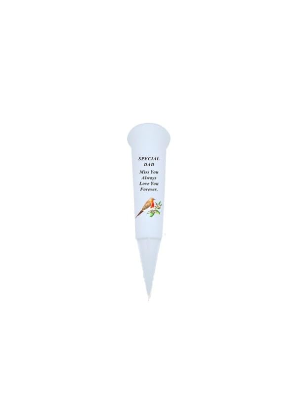 In Loving Memory Verse Graveside Memorial Grave Spiked Flower Vase (Dad, White with Robin Design), 1 Pack