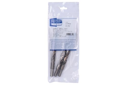 Image of Century Drill & Tool 26831 Cobalt Drill Bit, 31 /64 inch, Pro Pack of 3 | 3 /8 inch Reduced Shank shank, 5-7 /8 inch overall length, 135 point, cuts stainless steel, hard metals & metal