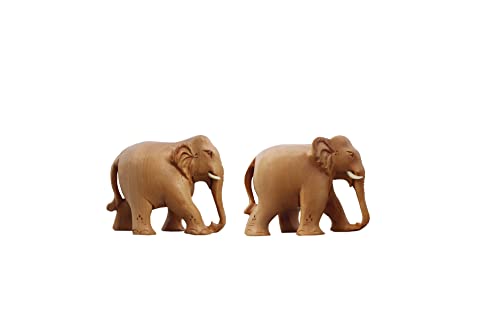 Image of Natural Elephant Kadam Wood Pair Idol Statue Wooden Animal Figure for Home Decor Living Room or Shelf Decoration - Down Trunk 2 Inches
