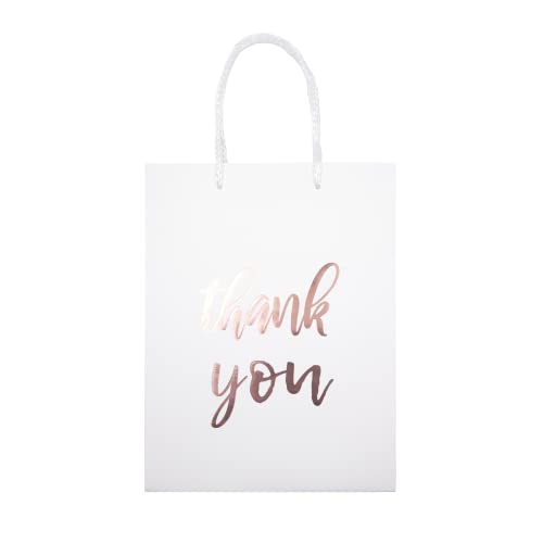 12 Pack Thank You Gift Bags - Elegant Paper Gift Bags With ‘’Thank You’’ Embossed In Rose Gold Foil Letters - Perfect For Birthday Party, Wedding Party, Paper Favor Bags 4"x 7"x 9" Inches - White