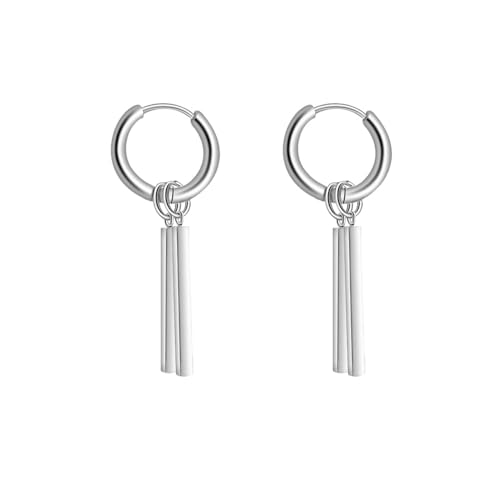 Minimalist Double Bar Small Hoop Short Dangle Drop Earrings for Men Women 316L Stainless Steel Huggie Hinged Hoops Cartilage Hypoallergenic Fashion Personalized Geometric Line Stick (Silver Tone)