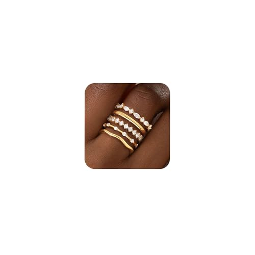 Stackable Gold Silver Rings for Women Non Tarnish Dainty 14K Gold/Silver Plated Stacking Thumb Ring Set Cubic Zirconia Eternity Wedding Bands Engagement Rings for Women Gold Jewelry Size 6-11