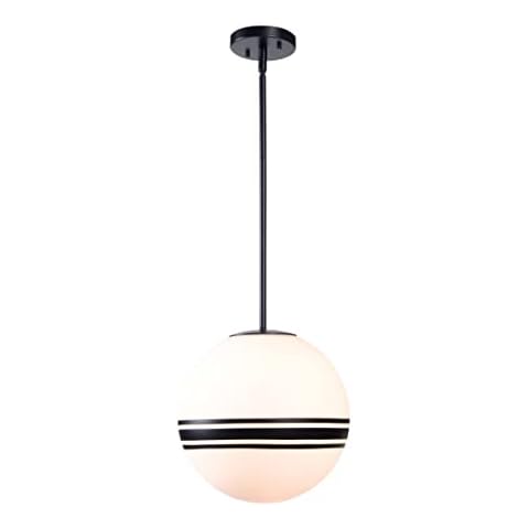 Kenroy Home 93641BL Pan 1 Light Pendants, Black with Round Milk Glass and Black Stripes Cover