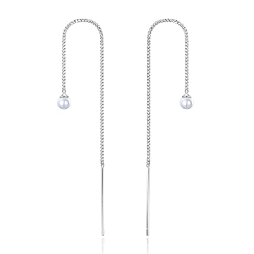 Candyfancy Orecchini pendenti in oro 18 carati, placcati in oro 925, lunghi 9 cm con perle da 4 mm, orecchini a nappa, rotondi, per donne e ragazze, Argento sterling