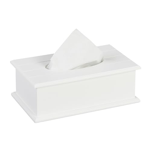Relaxdays Tapa Caja Pañuelos Faciales Efecto Madera, Contenedor Toallitas Rectangular, 9,5x27x16 cm, Dispensador Tisú, Blanco, Tablero de Fibras
