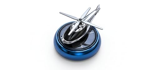 Image of Solar Powered Helicopter Car Dashboard Ornament, Rotating Air Freshener with Blue Base.