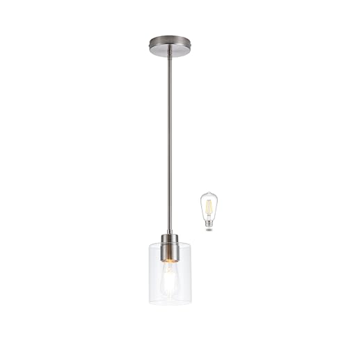 Image of MAYNA 1-Pack Brushed Nickel Ceiling Light Fixture, Simple Silver Mini Pendant with Bulb, Adjustable Rods Contemporary Hanging Lamp for Foyer, Corridor, Sink
