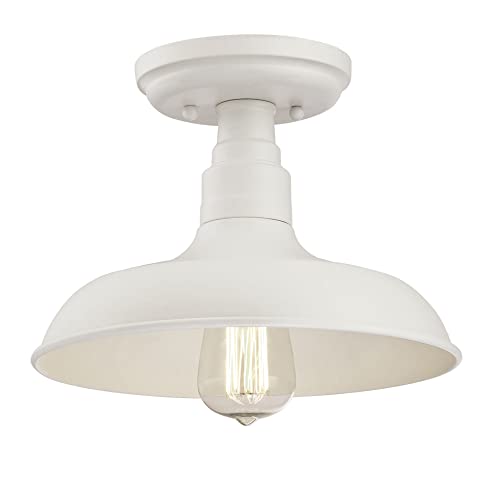 Image of Design House 579631 Kimball Industrial Farmhouse 1-Light Indoor Semi-Flush Ceiling Mount Light with Metal Shade for Kitchen Hallway Dining Room Bedroom, Antique White