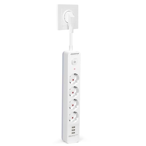 Aigostar Regleta Enchufe, Alargador Enchufe de 4 Tomas Corrientes y 3 Rápida USB Tomas, Enchufe Multiple Regleta con Interruptor, Blanco