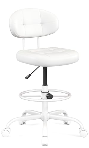 Image of Misolant Drafting Chair, Armless Tall Office Chair with Footrest Ring for Standing Desk, Small Faux Leather Executive Computer Chair with Adjustable Height for Bar Lab Counter Height Desk, White