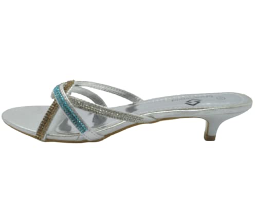 Damen-Sandalen mit niedrigem Absatz und Strasssteinen, für Hochzeit, Party, Abschlussball, Pantoletten, Silber H 8, 39 EU Cover