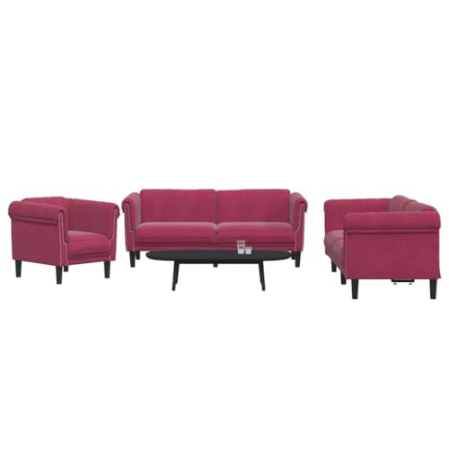 Runheo 3-TLG. Samt Sofagarnitur Weinrot, Modernes Wohnzimmer Set mit 1 Sessel, 2-Sitzer & 3-Sitzer Sofa, Dick Gepolstert, Stabile Holzbeine, Gemütliches Lounging Möbel für Zuhause