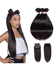 Brazilian Straight Human Hair 3 Bundles With Closure Free Part, Grade 8A 100% Remy Human Hair Extensions, Brazilian Hair Bundles With Lace Closure, Natural Color (14" 16" 18" + 12"4x4Closure)
