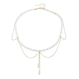 GHKJOK Collar de cadena de eslabones en tono dorado de triple capa con colgante de perlas sintéticas, gargantilla ajustable a collar largo para mujer, juego de regalo de joyería vintage en caja de