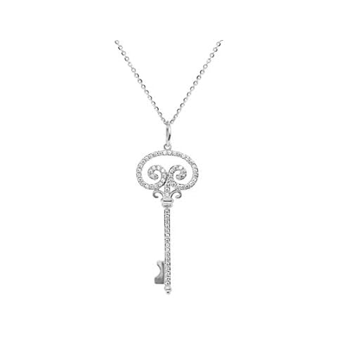 ORO LEONI with Swarovski Cubic Zirconia 925 Sterling Silver Key Pendant Necklace Hanging on 18 inch Classic Rope Chain. Sixty Three Round Diamond Cut Zirconia Set totaling a Weight of 3/4 Carats Cover