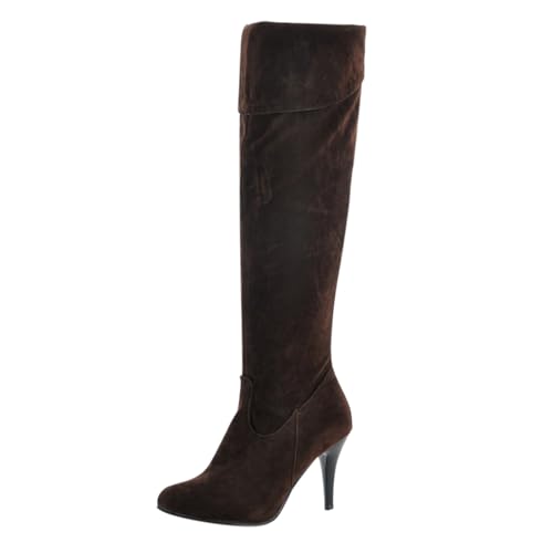 Image of Knee High Boots for Women UK, Women's Thigh High Stiletto Boots Over The Knee Pointed Toe Suede Stylish and Warm Long Booties Stretch Dress Evening High Heels Side Zipper Elegant Partywear Coffee