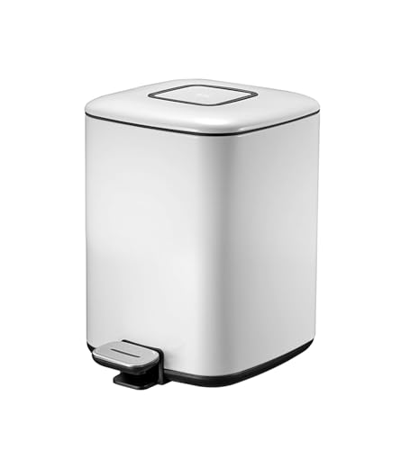 Image of Obsessions EKO Soft-Close Bathroom Trash Can - 6L Stainless Steel Pedal Bin with Lid & Liner, Elegant White Waste Basket for Home & Kitchen