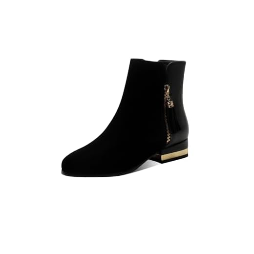 TinaCus Botas femininas de camurça e couro legítimo, bico redondo, feitas à mão, com zíper duplo, salto baixo grosso, botas casuais, Preto, 38