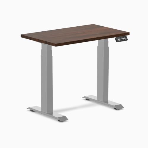 Image of Desky Small Electric Standing Desk, 32 x 20 inches Rubberwood Height Adjustable Sit Stand Desk with Dual Motor and Memory Presets, Compact Home Office Workstation - Dark Walnut Wood Top