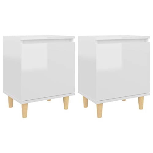 vidaXL 2X Tables de Chevet avec Pieds en Bois Tables de Nuit Armoires de Chevet Armoires de Lit Chambre à Coucher Blanc Brillant 40x30x50 cm
