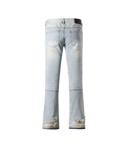 Generic SHION7 Men's Relaxed Fit Bell Bottom Jeans, Ripped On Knee 100% Cotton Heavy Denim Pants with Hand Paint (US, Waist, 30, Regular, Blue)4