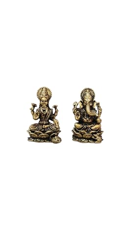Image of ARTNCRAFT Brass Small Lakshmi Ganesh idol - 3 cm Premium Bronze laxmi ganesha sitting on lotus for Altar Temple and Home decor best diwali new