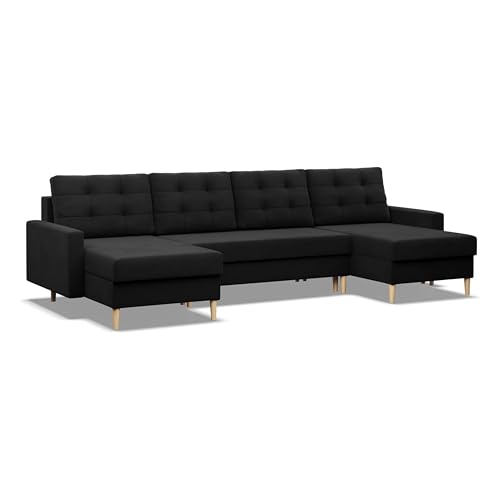 Mebligo - U-Förmige Ecksofa mit Schlaffunktion und Bettkasten BLANK, Couch U Form 294x88x140 cm, Klappsofa mit Schlaffunktion, Wohnzimmer Eckcouch mit Bettfunktion - Ecksofa Schwarz