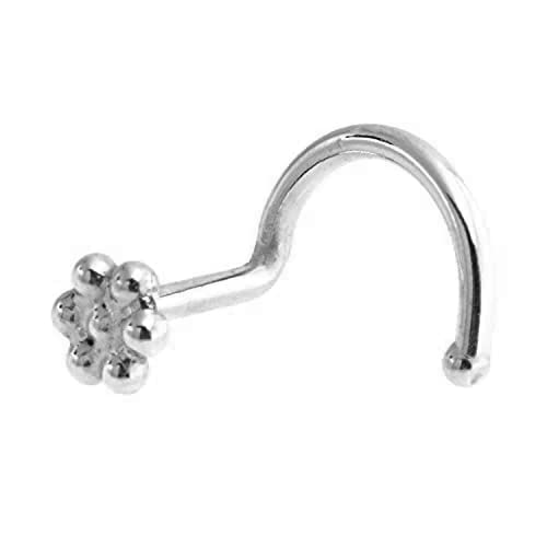 Fashion Art Jewelry Sterling Silver Nose Stud Screw Shaped Nose Ball, Flower, Triangle Nostril Corkscrew Piercing for Women Men Left or Right Side Handmade (Flower Screw | Left Side)